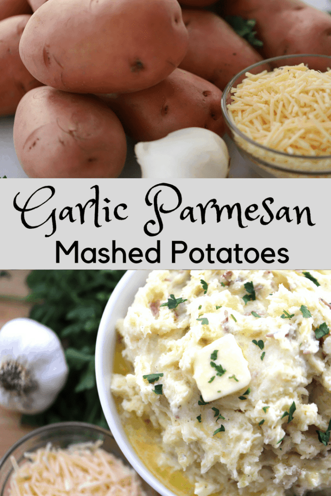 Garlic Parmesan Mashed Potatoes in a bowl topped with a slab of butter.