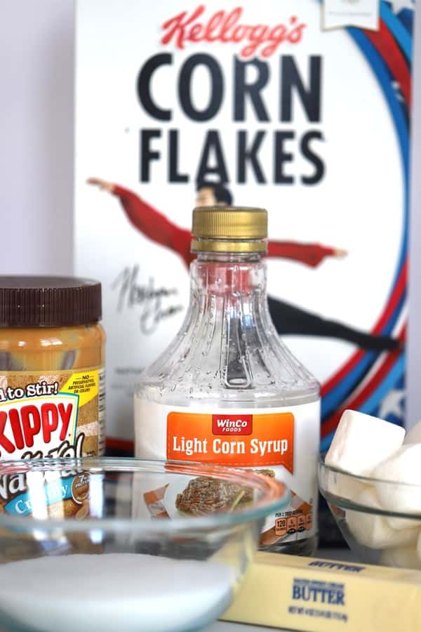 ingredients for stovetop peanut butter cornflake cookies, cornflake marshmallow cookies 