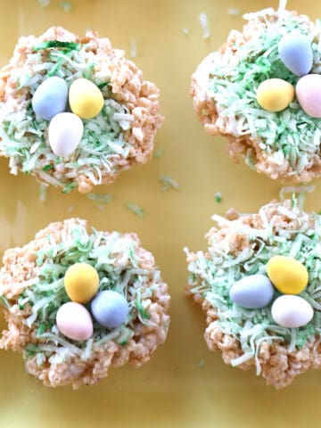 rice krispy treats easter, Rice Krispies treat decorated to look like a birds nest, with three chocolate eggs on top. rice krispies nests