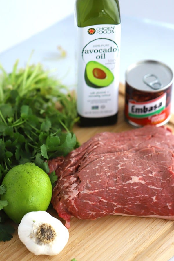 Chipotle Carne Asada Marinade Ingredients. Carne Asada meat, avocado oil, garlic, cilantro, lime and chipotle peppers