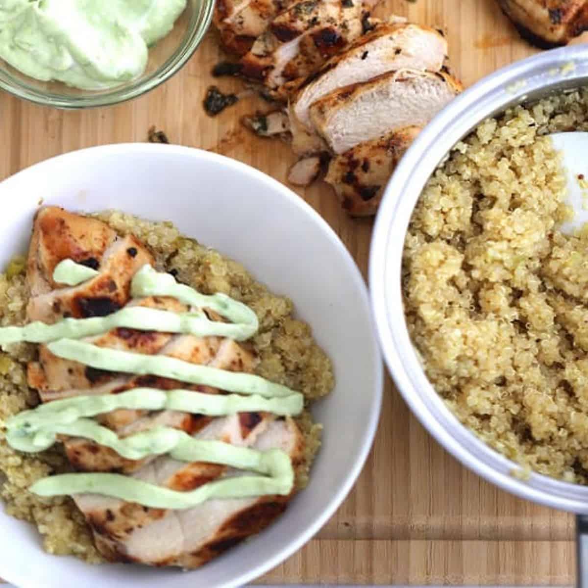 grilled cilantro lime chicken with quinoa, An incredibly juicy and falvorful Cilantro Lime Chicken on a bed of the most delicious Quinoa! chicken with avocado sauce.