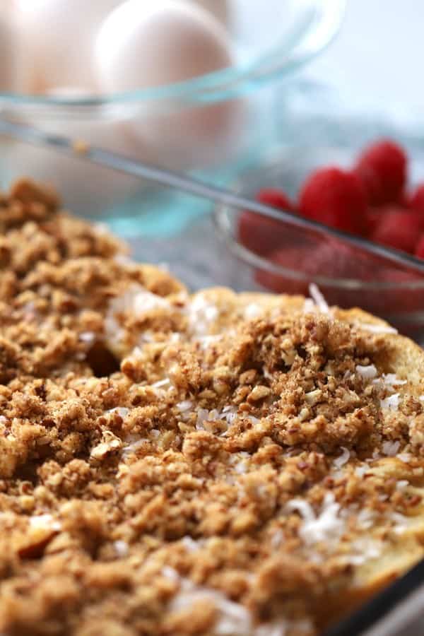 finished Coconut french toast bake in a glass baking dish