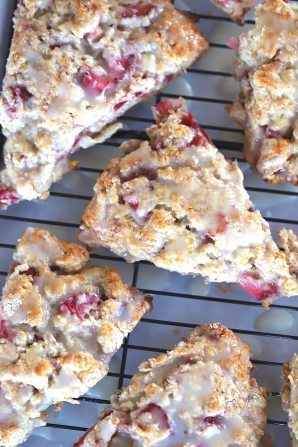 Strawberry Scones with lemon icing on a wire rack. red white and blue snacks, 