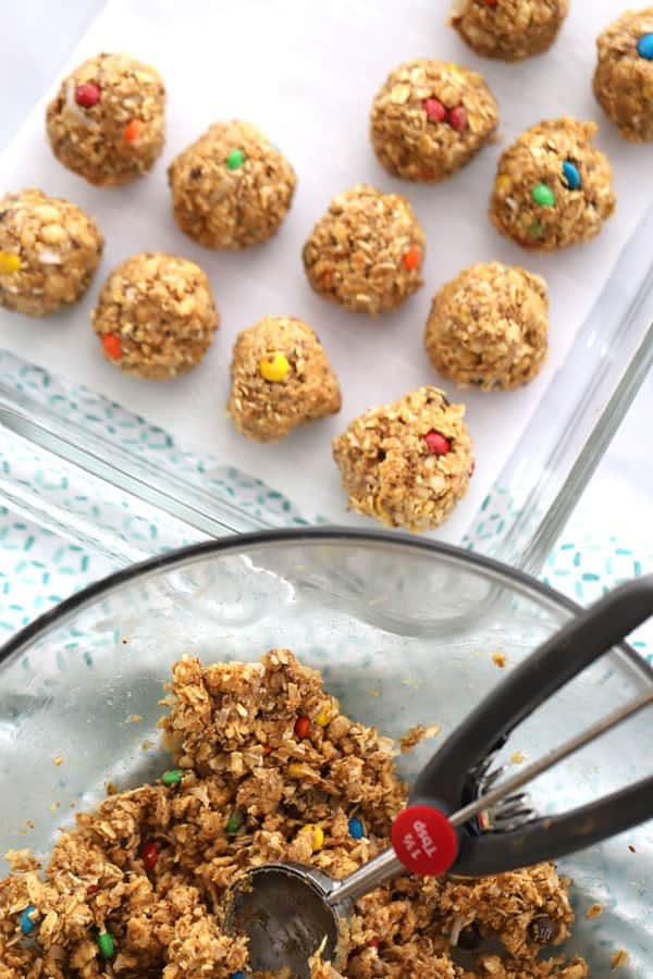 Coconut Peanut Butter Power Balls in a baking dish.