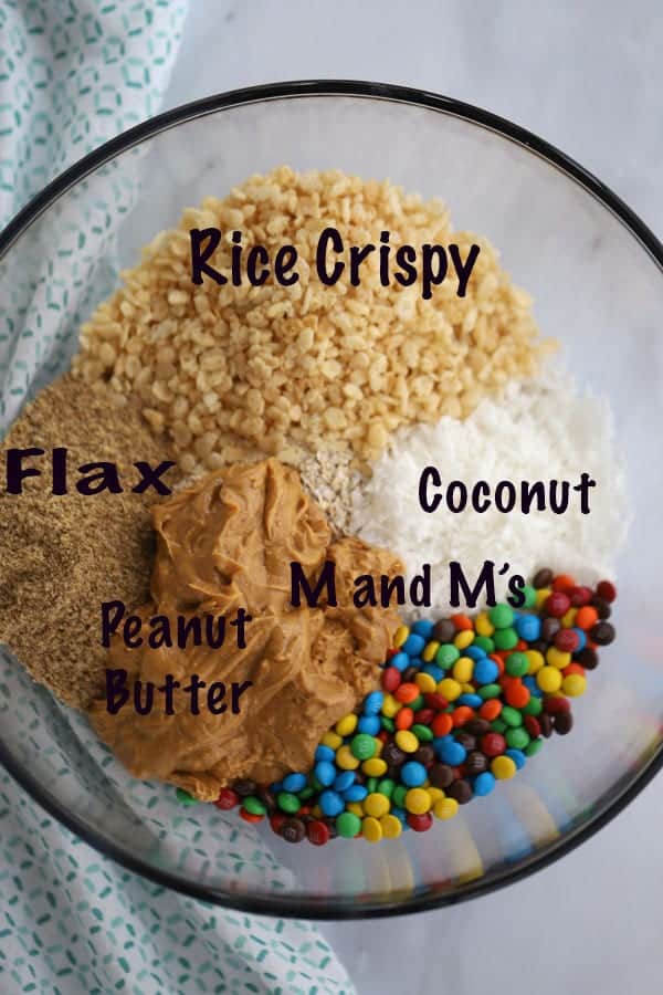 Peanut Butter Power Ball Ingredients in a glass mixing bowl.