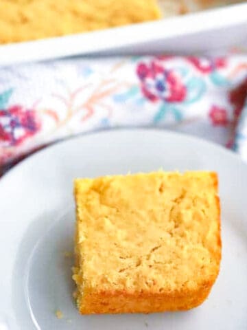 simple corn bread in a baking dish and on a small plate