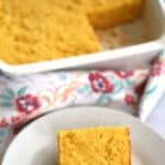 simple corn bread in a baking dish and on a small plate