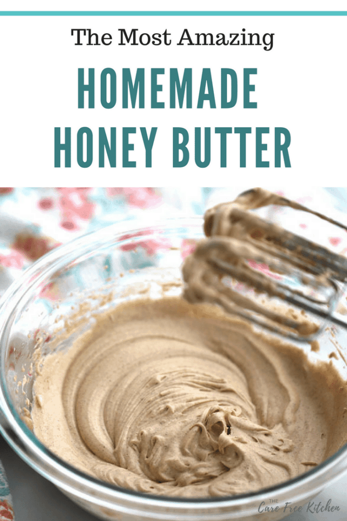Homemade Honey Butter in a mixing bowl with an electric mixer.