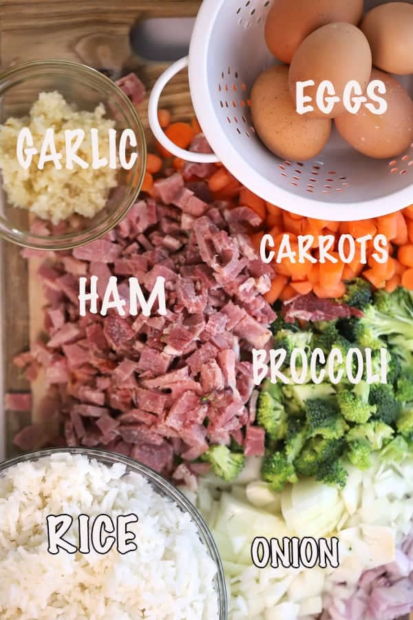 Ham and rice recipes. Ham, rice, veggies ready to cook in a quick stir fry recipe