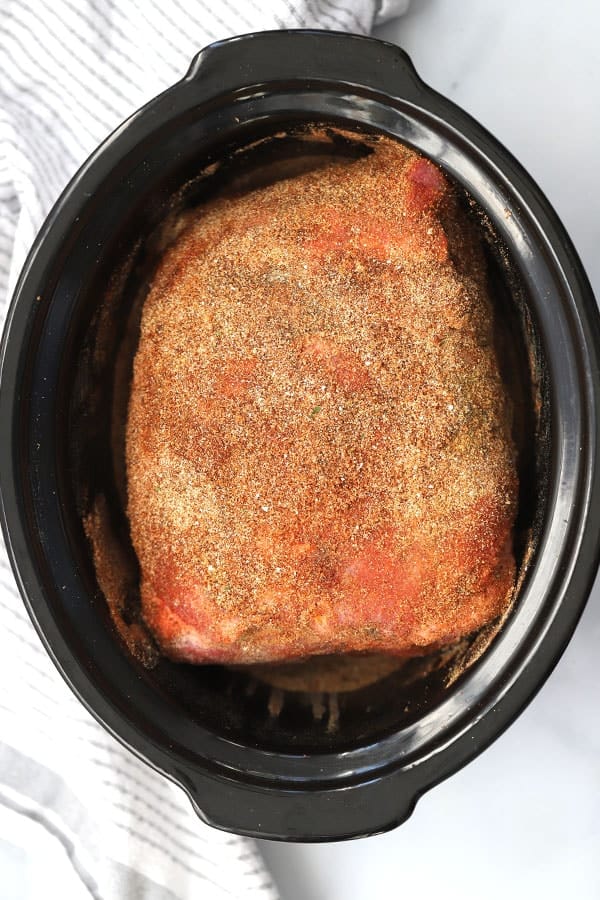 Slow Cooker Pulled Pork Roast ready to cook. picnic roast crock pot, picnic shoulder roast. 