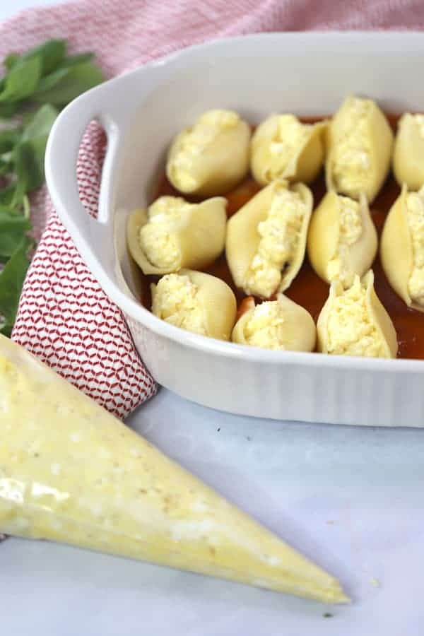 cheese stuffed pasta with homemade marinara sauce, cottage cheese stuffed shells.