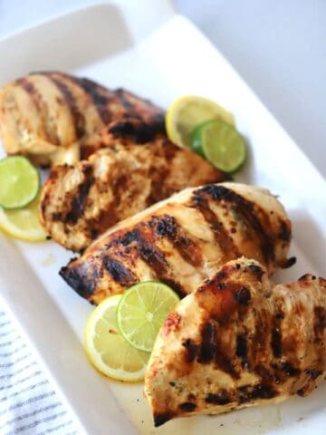 This 2 citrus chicken marinade is divine! There's tons of flavor and the chicken is so moist. It's the perfect marinade for any grill night!