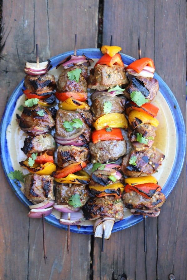beef shish kabobs cooked and on a plate