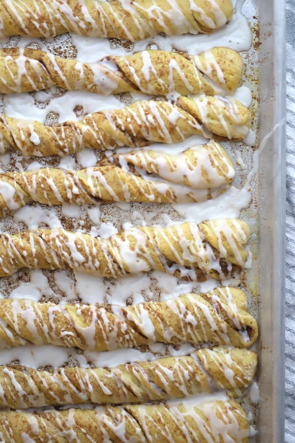 Einkorn Cinnamon breadsticks on a baking sheet