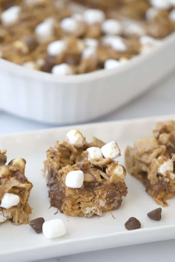 No Bake Smores Bars on a serving plate, best no bake cookie bars recipe.  no bake bar, easy no bake cookies. 