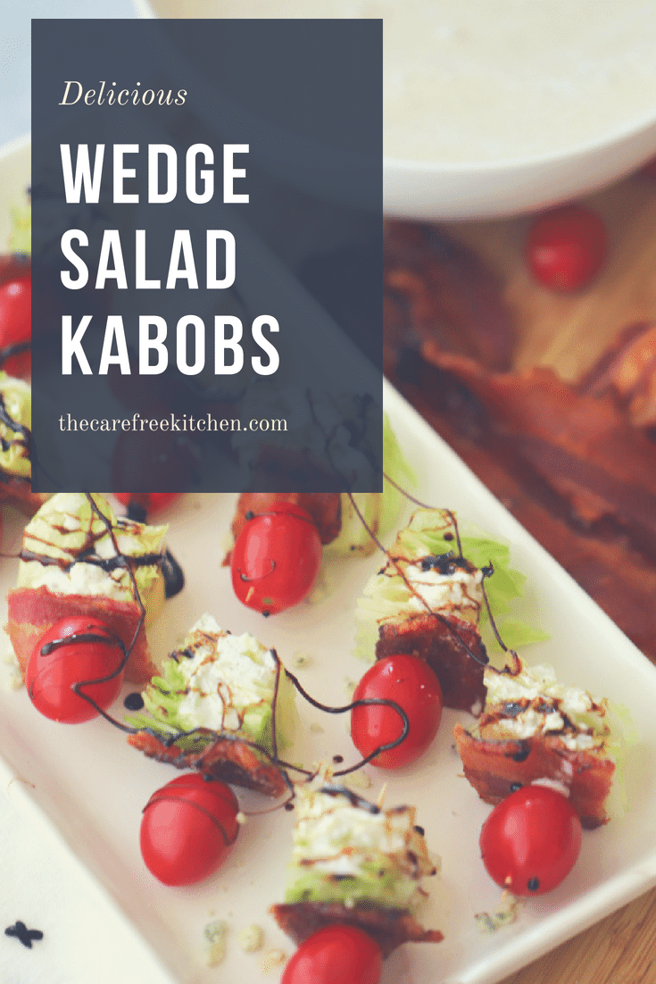 This recipe has all the classic wedge salad ingredients, on a kabob.Â  IcebergÂ lettuce, candied bacon, rich blue cheese and a reduced balsamic glaze.Â  It's such a fun way to eat this delicious salad!