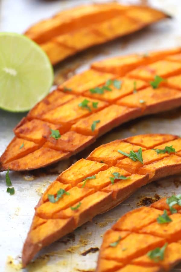 oven roasted sweet potato with chilotle and lime