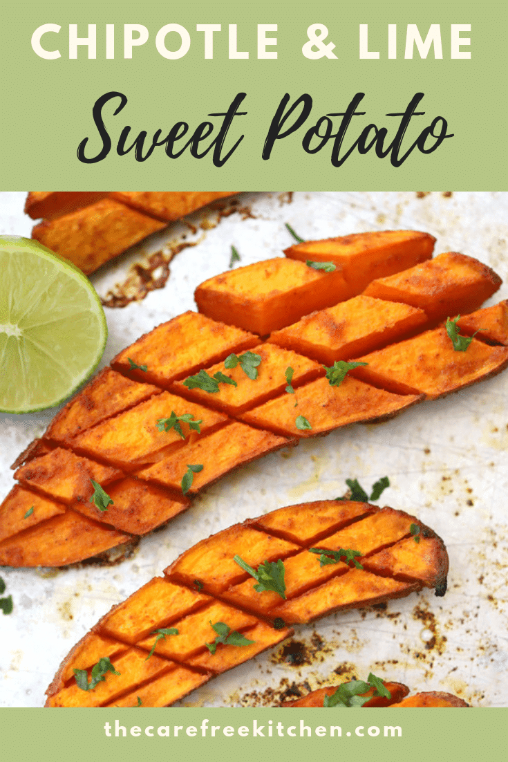 Pinterest pin for Roasted Sweet Potatoes with Chipotle and Lime.