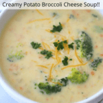 creamy potato broccoli soup recipe in a white bowl
