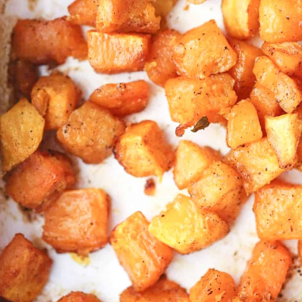 oven roasted squash in a baking dish. easy thanksgiving side dishes 