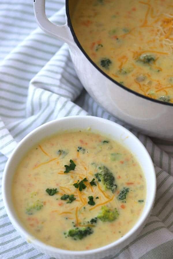 broccoli potatoes cheese soup recipe in a bowl.