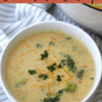 This creamy broccoli cheese soup is made with chunks of potato, lots of fresh broccoli, and has so much flavor!Â  This soup recipe is quick and easy and has everything you love in a delicious soup.
