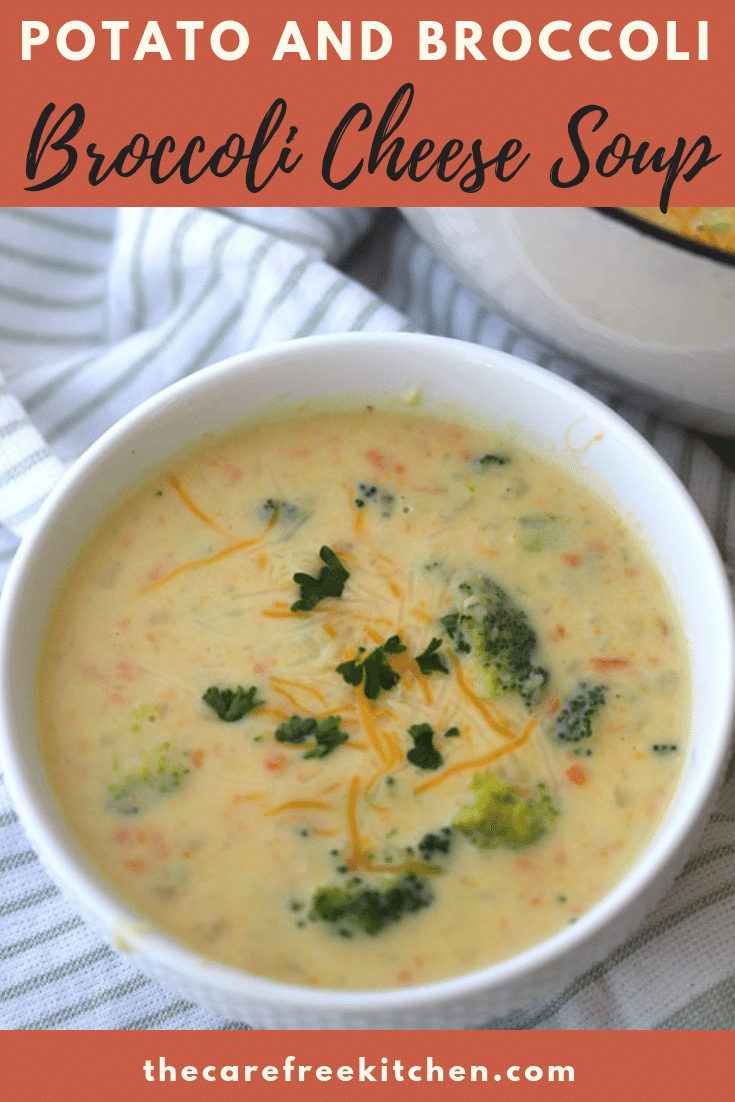 image for potato broccoli cheese soup in a white bowl.