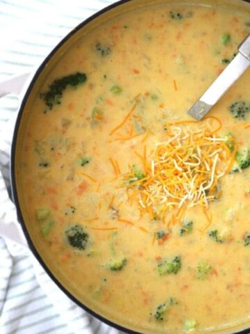 Broccoli cheddar soup in a large dutch oven