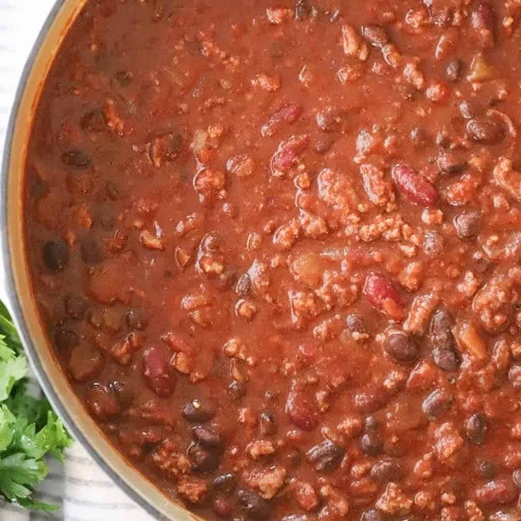 Beef and bean chili in a large dutch oven