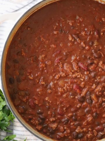 Beef and bean chili in a large dutch oven