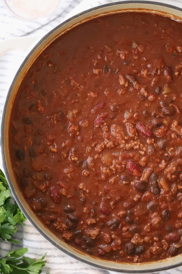 Beef and bean chili in a large dutch oven