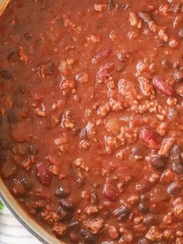 Beef and bean chili in a large dutch oven