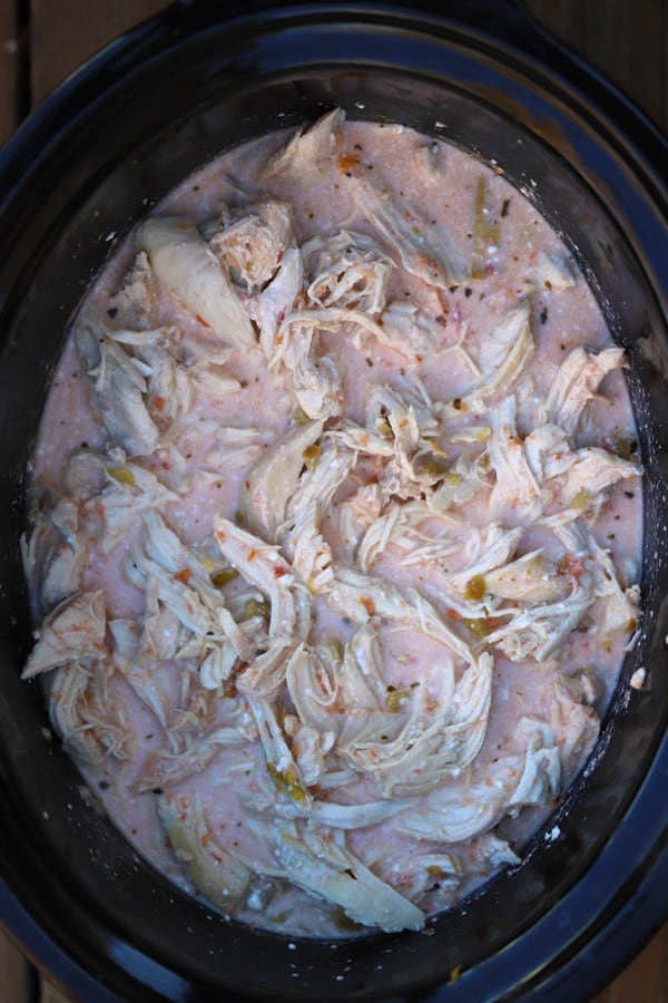 A crockpot with shredded chicken and a creamy salsa sauce.