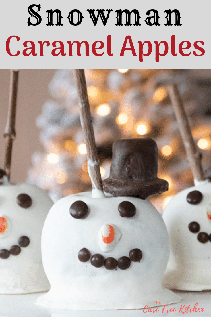 These adorable snowman caramel apples are the perfect winter baking project. They have a thick, smooth caramel layer, covered in melted white chocolate wafers and have an adorable top hat and cute snowman face.