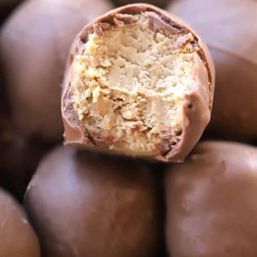 buckeye balls or peanut butter balls in a christmas gift box