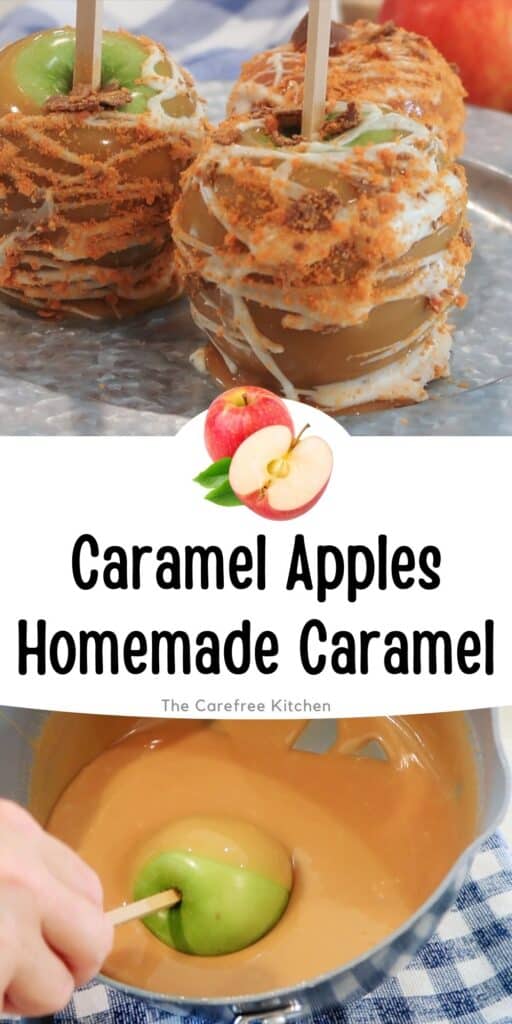 Pinterest pin for caramel apples, showing the finished and decorated caramel apples as well as a bowl of caramel with a hand dipping an apple into it.
