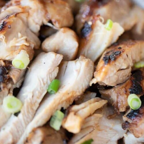 grilled teriyaki chicken recipe cooked and cut into strips, ready to eat