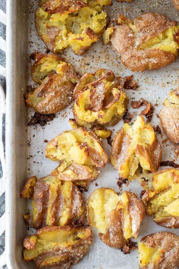 Cheesy smashed potatoes, easy smashed baked red potatoes or smashed fingerling potatoes.