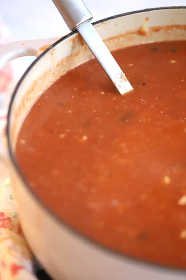 Turkey Enchilada Soup in a large dutch oven with a ladle.