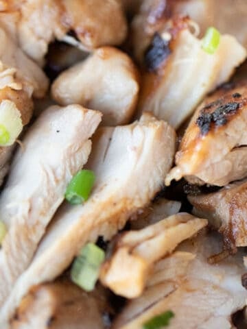 grilled teriyaki chicken recipe cooked and cut into strips, ready to eat