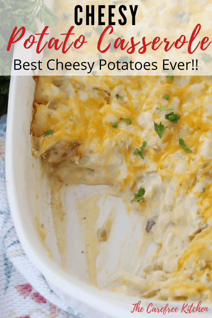 cheesy potato casserole, baked in a white baking dish