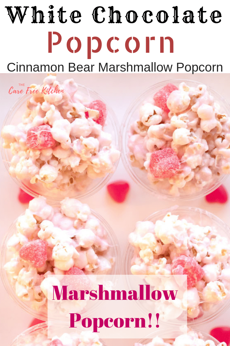 This is one of those easy, make it, again and again, best popcorn recipes.  It's a great sweet popcorn recipes, and the perfect popcorn recipe to make marshmallow popcorn balls.  It's made with white chocolate, cinnamon bears (or cinnamon hearts), and marshmallow covered popcorn. 