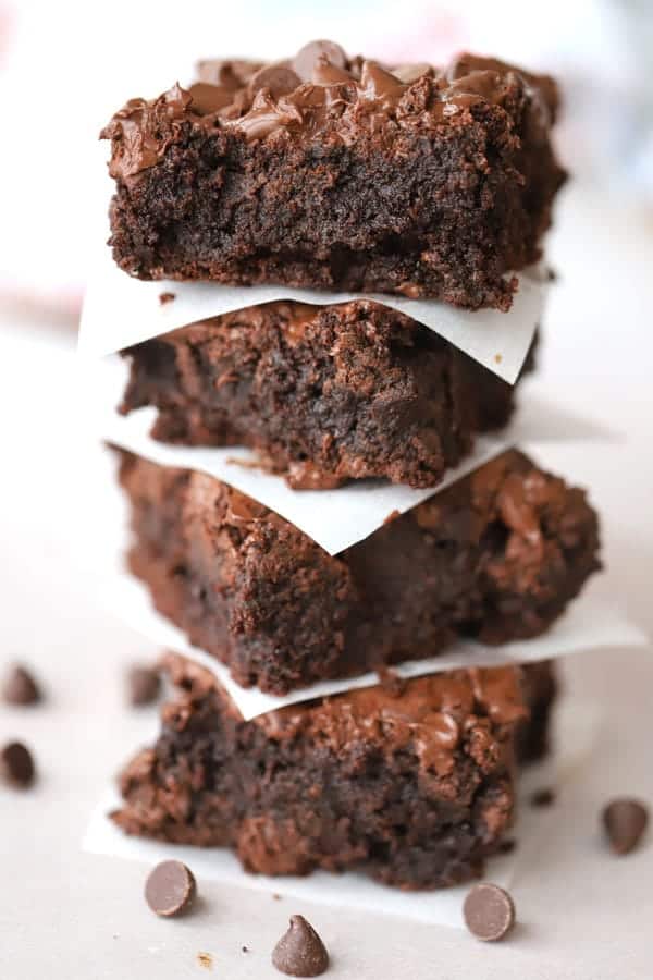 Einkorn brownies stacked on top of each other. Best einkorn recipes. The best ever brownies, double chocolate brownie recipe.