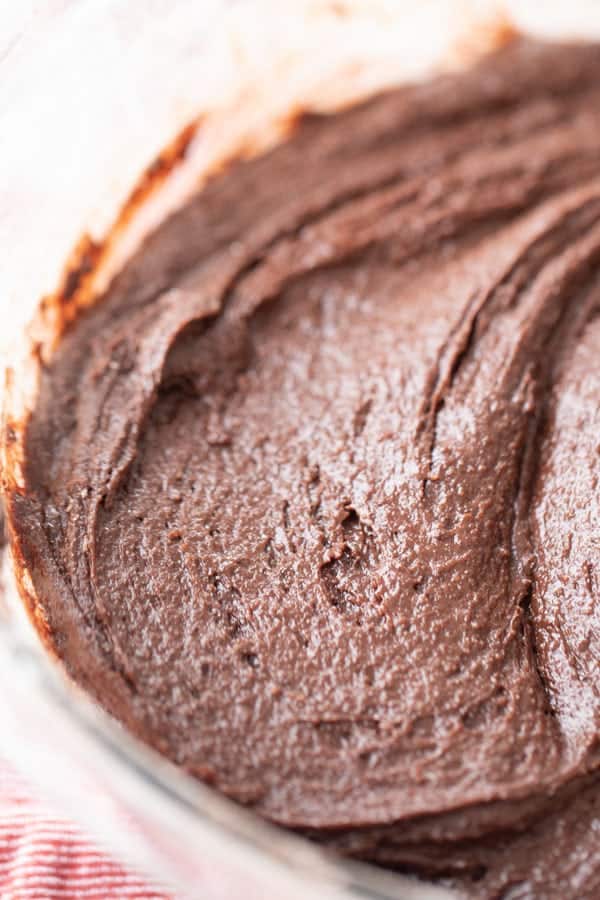 Einkorn Brownies batter in a glass bowl. Einkorn recipes, einkorn flour, the best ever brownies.