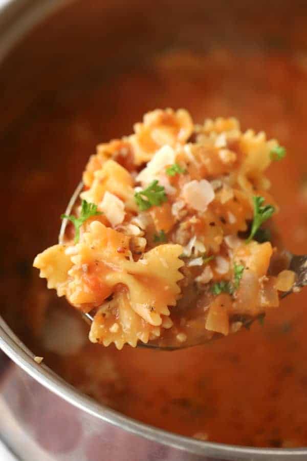 Easy lasagna soup recipe in a large dutch oven.