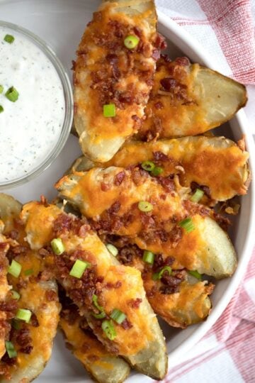loaded baked potato skins reicipe with cheese and bacon