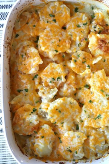 homemade scalloped potatoes in a white baking dish