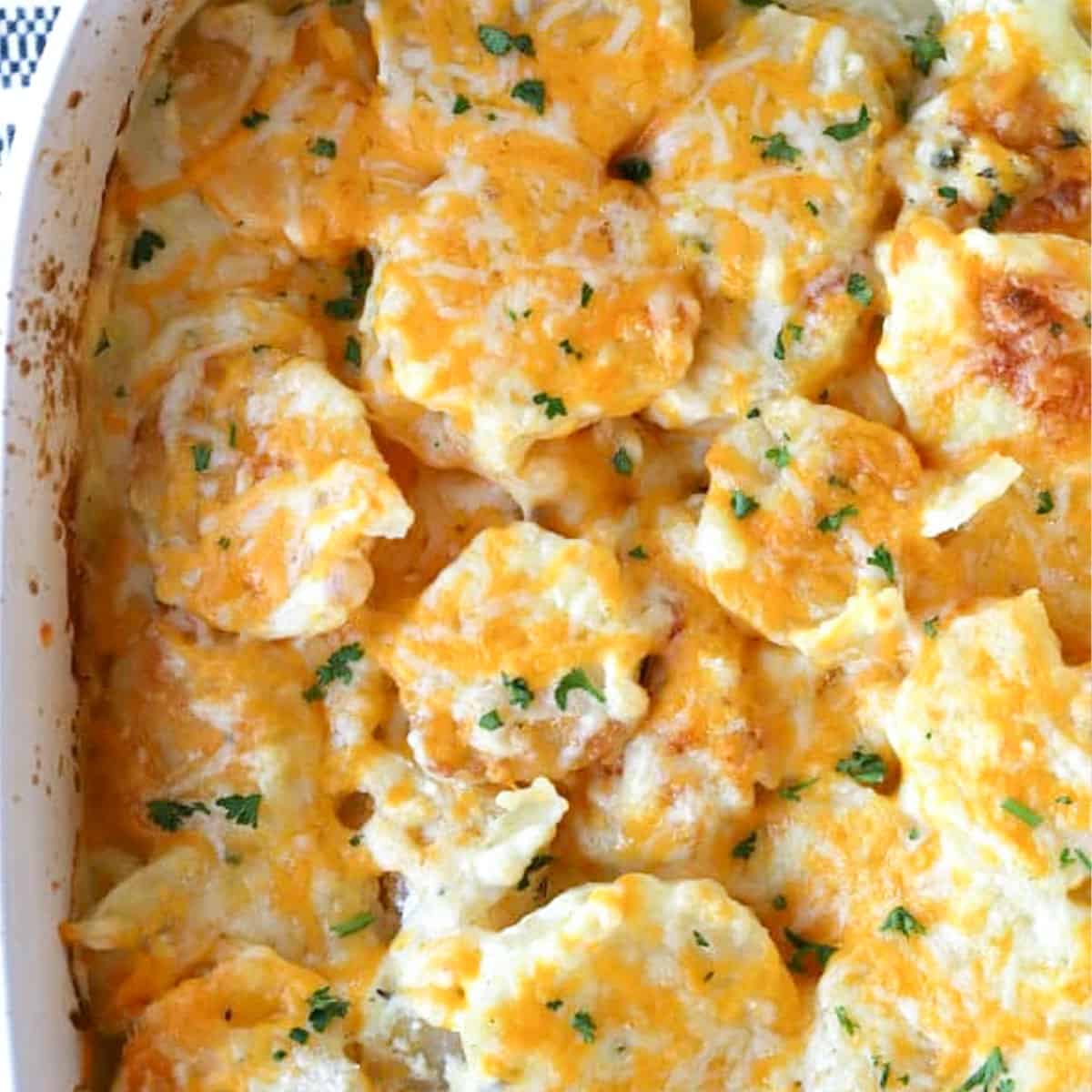 homemade scalloped potatoes in a white baking dish