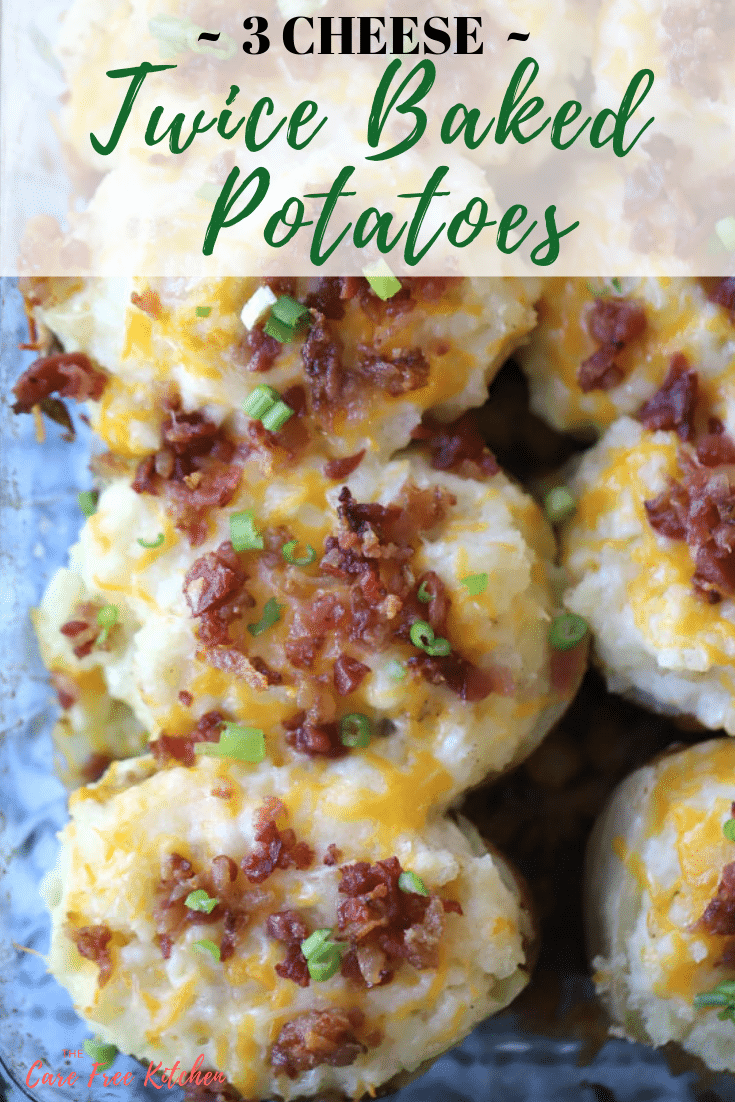 pinterest pin for twice baked potatoes recipe topped with bacon and green onions. 