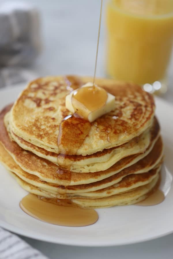 einkorn buttermilk pancakes with butter and syrup